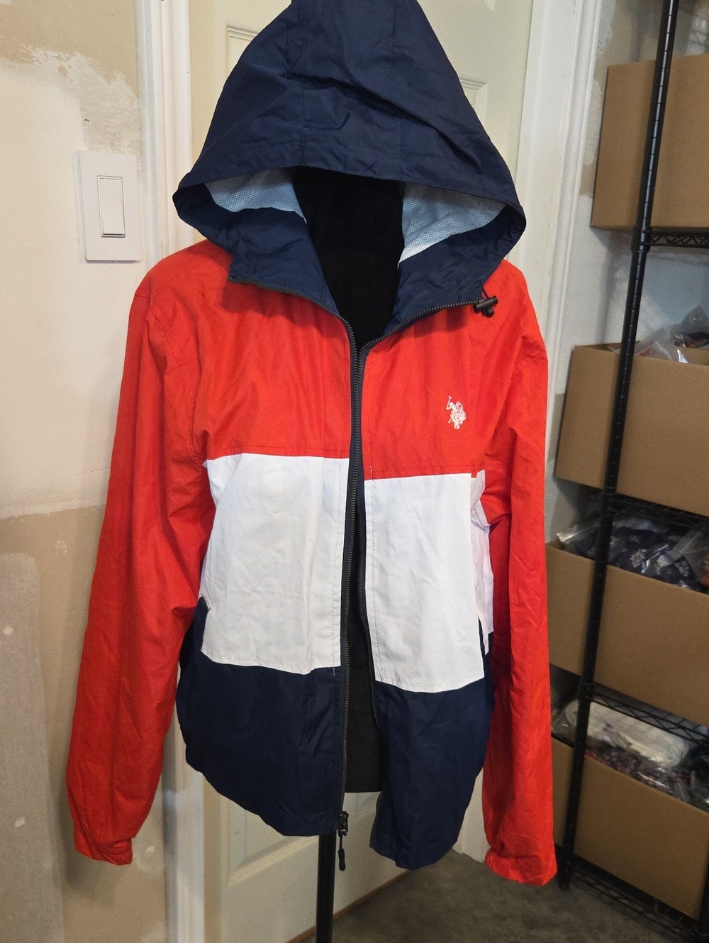 U.S. Polo ASSN. Men's Colorblock Hooded Windbreaker Jacket - Red White Navy Med.